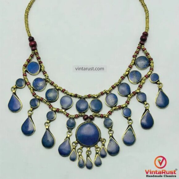 Lapis Lazuli Afghan Bib Necklace: Ethnic Teardrop Jewelry - Picture 9 of 9